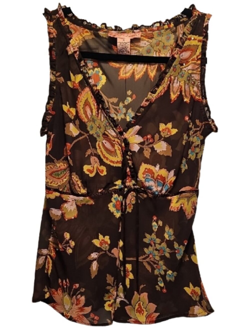 Bandolino Brown Sheer Floral Tie-Front Sleeveless Camisole